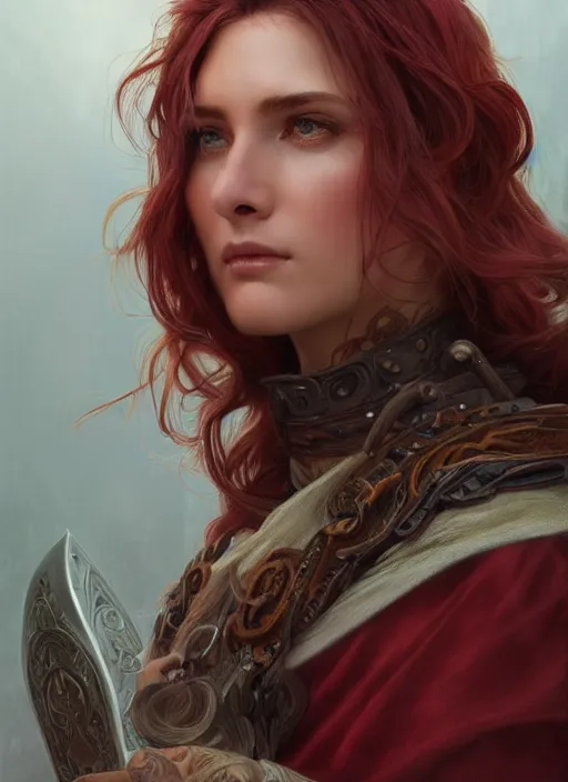 Image similar to vertical portrait of a ruggedly handsome female cleric, soft hair, close - up face, leather, witchy, d & d, fantasy, intricate, elegant, highly detailed, digital painting, artstation, concept art, smooth, sharp focus, illustration, art by artgerm and greg rutkowski and alphonse mucha, plain red background