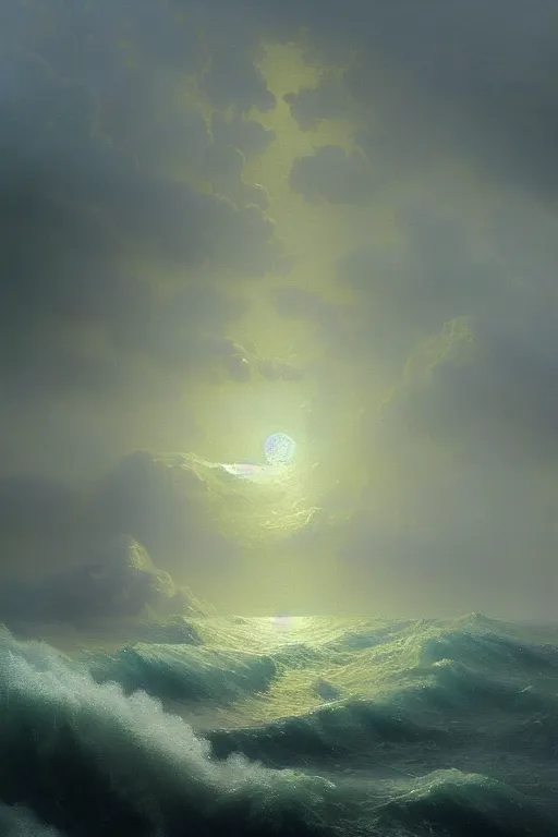 Image similar to Intricate stunning highly detailed water deity emerging from a stormy ocean by Ivan Aivazovsky, Greg Rutkowski , surreal, digital painting, ultra realistic, beautiful lighting, full moon, thick swirling tornado, artstation