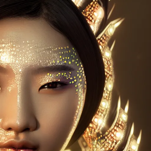 Image similar to asian woman closeup face portrait, face covered with chrome liquid stripes and glowing gems, highly detailed face, elegant pose, intricate, extremy detailed, cgsociety, unreal engine, octane render,, highly detailed 4 k art