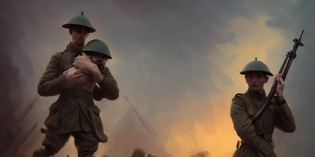 Image similar to male soldier from world war 1 holding his friends death body and crying on over it, extremely detailed digital painting, in the style of fenghua zhong and ruan jia and jeremy lipking and peter mohrbacher, mystical colors, rim light, beautiful lighting, 8 k, stunning scene, raytracing, octane, trending on artstation