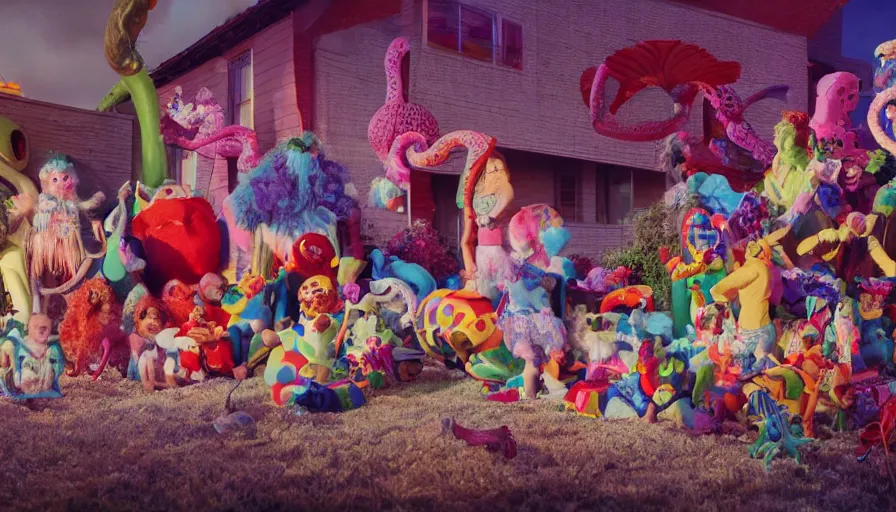 Prompt: movie still by alejandro jodorowsky of a beautiful day in a family living room in suburban usa, visible magic energy, dream creature costumes, floating planets, octopus, multicultural parade floats, cinestill 8 0 0 t eastmancolor technicolor, high quality, very detailed, heavy grain, fine facial features, 8 k, octane render