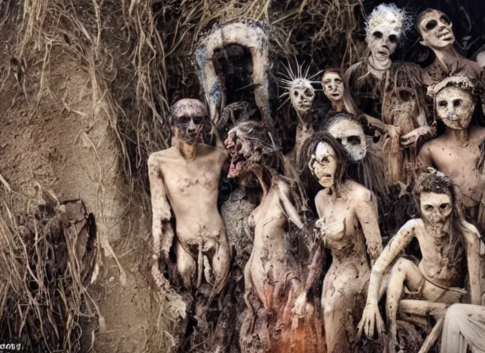 Image similar to sensual scene from art house film by alejandro jodorowsky, roger ballen : : surreal scene of an occult ritual in a picturesque outdoors setting : : mirrors, ashes, new guinea mud man, costumes, snakes, smoke, burned dolls : : close - up of the actors'faces : : technicolor, 8 k