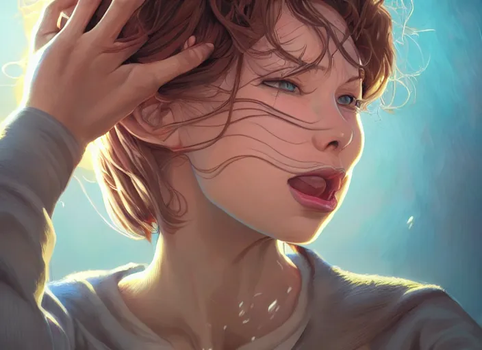 Image similar to wide open wife mouth, close - up, cry, defiant, full lips, light effect, hyper detailed, intricate, elegant, highly detailed, digital painting, artstation, concept art, matte, sharp focus, illustration, by dan mumford, yusuke murata, makoto shinkai, ross tran