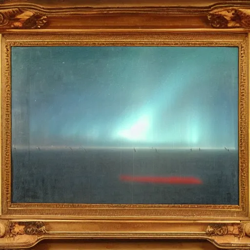 Image similar to the epic abstract painting'blue arctic void with black and red aurora borealis above a large herd of tiny walruses ', by caspar david friedrich!!!, by rothko!!!, stunning masterpiece, trending on artstation