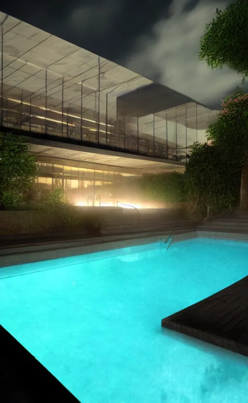 Image similar to swimming pool at night, soft render, volumetric lighting, 3d aesthetic grainy illustration, cgsociety