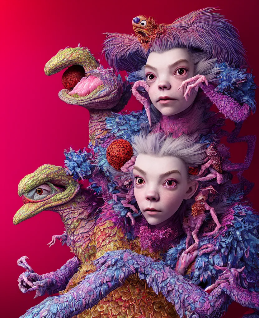 Image similar to hyper detailed 3d render like a Oil painting - kawaii portrait of two Aurora (a beautiful skeksis muppet fae princess protective playful expressive acrobatic from dark crystal that looks like Anya Taylor-Joy) seen red carpet photoshoot in UVIVF posing in scaly dress to Eat of the Strangling network of yellowcake aerochrome and milky Fruit and His delicate Hands hold of gossamer polyp blossoms bring iridescent fungal flowers whose spores black the foolish stars by Jacek Yerka, Ilya Kuvshinov, Mariusz Lewandowski, Houdini algorithmic generative render, golen ratio, Abstract brush strokes, Masterpiece, Edward Hopper and James Gilleard, Zdzislaw Beksinski, Mark Ryden, Wolfgang Lettl, hints of Yayoi Kasuma and Dr. Seuss, octane render, 8k