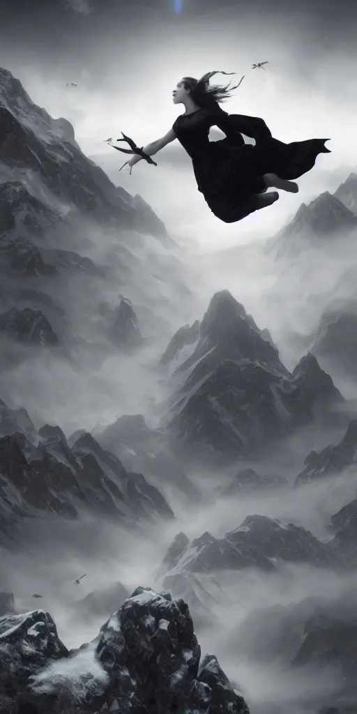 Prompt: A beautiful female alien flying over a foggy snowy mountain, Realistic, Refined, Detailed Digital Art, Oil Painting, William-Adolphe Bouguereau, Renaissance, Highly Detailed, Cinematic Lighting, black and white, Unreal Engine, 8K