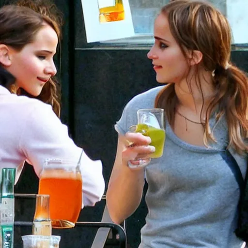 Image similar to Jennifer Lawrence drinking a pastis with Emma Watson