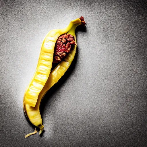 Prompt: a stock photo of ground beef inside a banana peel, product photography, low aperature, award winning