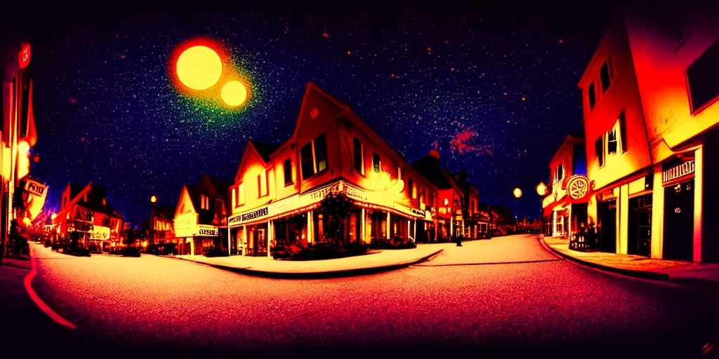 Prompt: curved perspective summer night small town street from tim burtons nightmare before christmas by petros afshar, 1 5 º camera angle