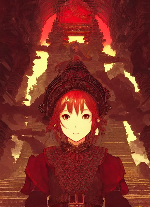 Image similar to character portrait of the ruby herald at the volcano temple, hidari, color page, tankoban, 4K, tone mapping, Akihiko Yoshida.