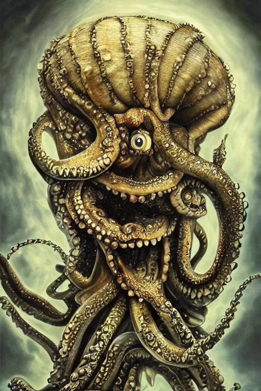 Image similar to a spectacular wideangle photorealistic, detailed closeup portrait of angry giger alien with a octopus head and golden jewelery, digital art