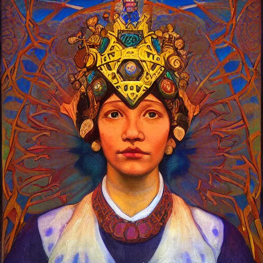 Image similar to the crown of clouds, by Annie Swynnerton and Nicholas Roerich and Diego Rivera, bioluminescent skin, elaborate costume, geometric ornament, symbolist, cool colors, smooth, sharp focus, extremely detailed