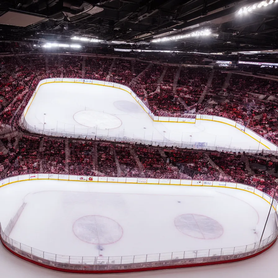 Image similar to dimly lit hockey stadium ice level 4 k photography