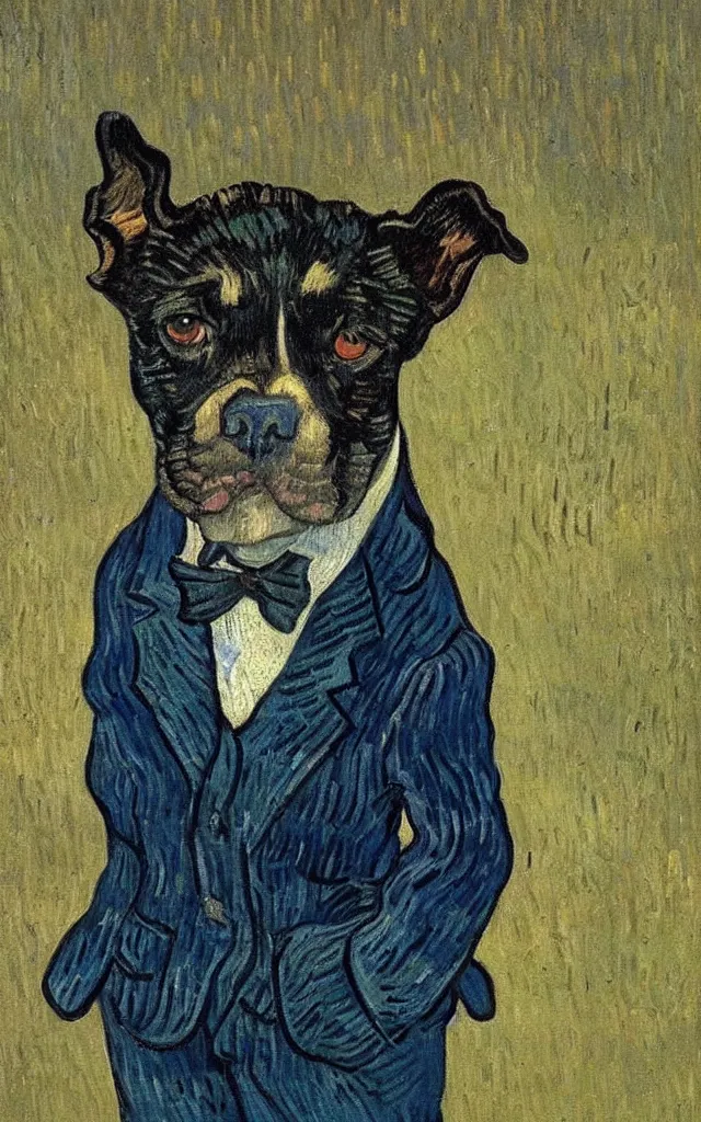 Prompt: a painting by Van Gogh of a dog wearing a suit, dramatic lighting