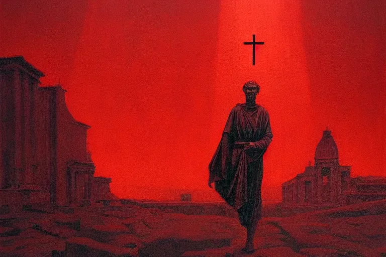 Image similar to only with red, caesar after war, a red tiger, in hoc signo vinces, rome in background, an ancient path, in the style of beksinski, part by hopper, part by rodcenko, part by hofbauer, intricate composition, red by caravaggio, insanely quality, highly detailed, masterpiece, red light, artstation