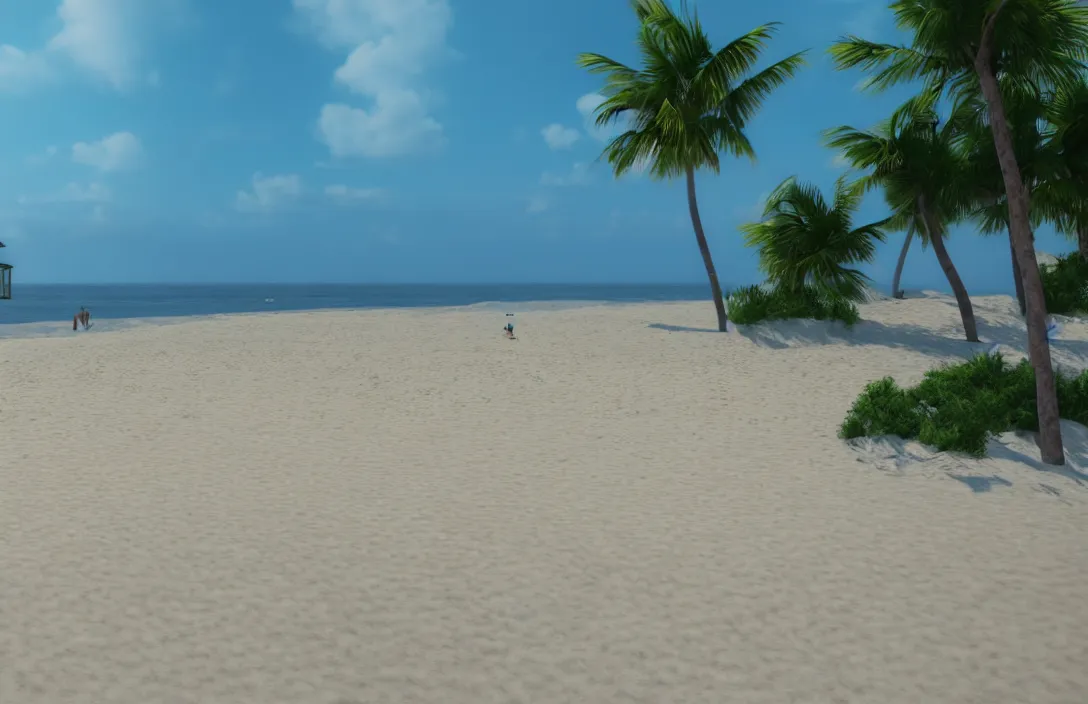 Image similar to on the beach by the sea, afternoon, unreal engine rendering