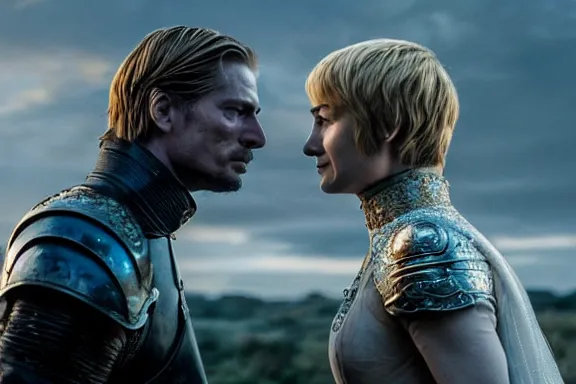 Image similar to very very intricate photorealistic photo of jaime lannister defeating cersei, photo is in focus with detailed atmospheric lighting, award - winning details