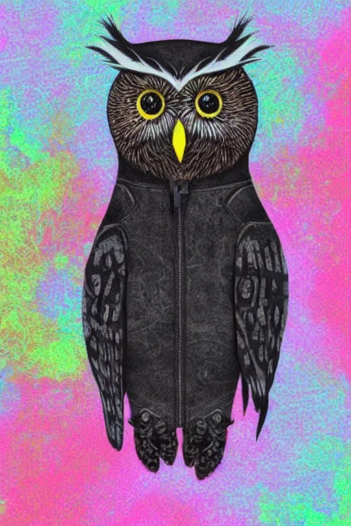 Image similar to cute little owl wearing black biker jacket, portrait photo, backlit, studio photo, pastel swirls background