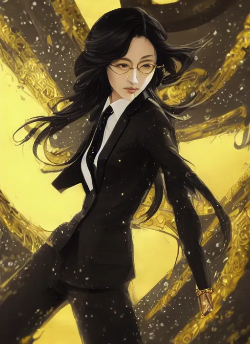 Image similar to a highly detailed illustration of meisa kuroki wearing black suit and tie with coattails, yellow eyes, dramatic elegant pose, strings background, intricate, elegant, highly detailed, centered, digital painting, artstation, concept art, smooth, sharp focus, league of legends concept art, wlop.