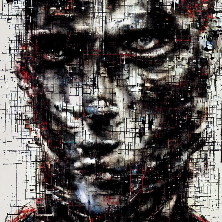 Image similar to portrait of a cyberpunk man, mysterious, glitch effects over the eyes, shadows, by Guy Denning, by Johannes Itten, by Russ Mills, centered, glitch art, hacking effects, chromatic, cyberpunk, color blocking, oil on canvas, concept art, abstract