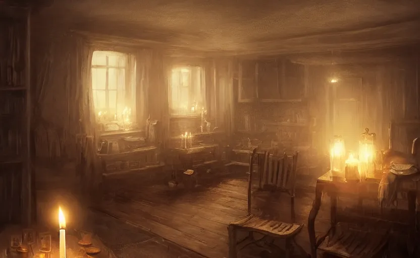 Prompt: A cozy old victorian loft with candles, cold cinematic and atmospheric lighting, very coherent, highly detailed, concept art, trending on artstation