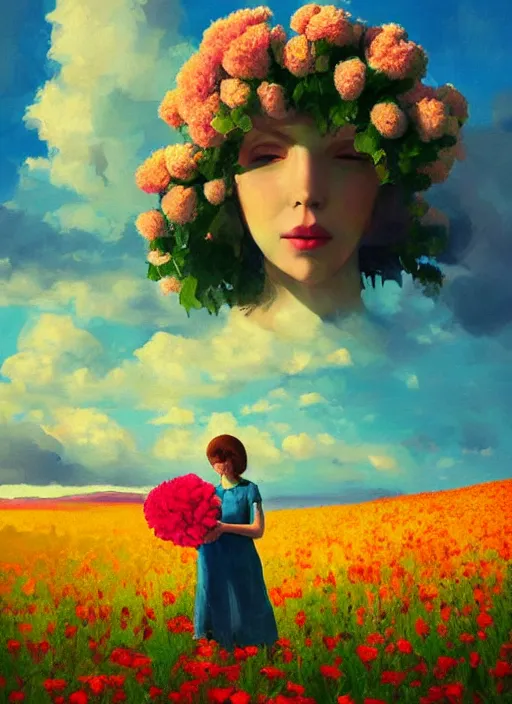 Image similar to woman with a giant carnation as a face, flower field, surreal photography, sunset dramatic light, impressionist painting, colorful clouds, blue sky, digital painting, artstation, simon stalenhag