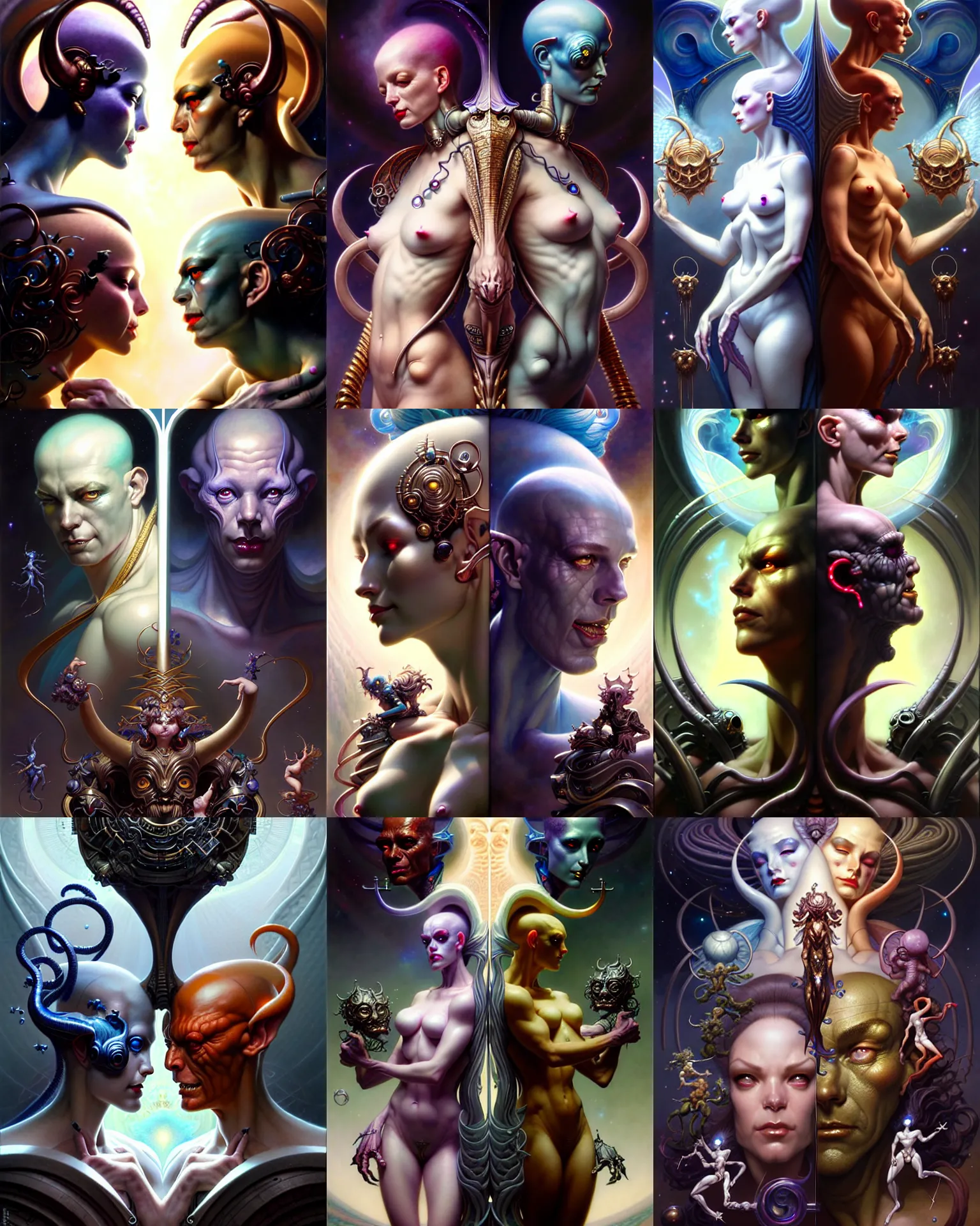 Image similar to beautiful gemini good and evil, happy and sad faces, fantasy character portrait, ultra realistic, wide angle, intricate details, the fifth element artifacts, highly detailed by peter mohrbacher, boris vallejo, hajime sorayama, wayne barlowe, aaron horkey, gaston bussiere, craig mullins