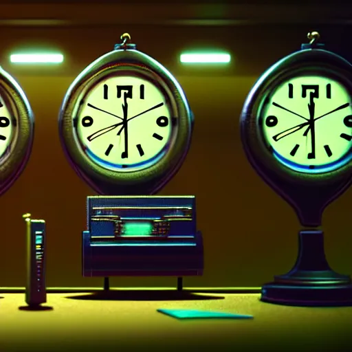 Image similar to clocks in the main office of the time saving bank, cyber punk, retro machinery, futuristic hi-tech details, art by anthony macbain + greg rutkowski + jean giraud, concept art, 4k, sharp focus, cinematic render unreal engine