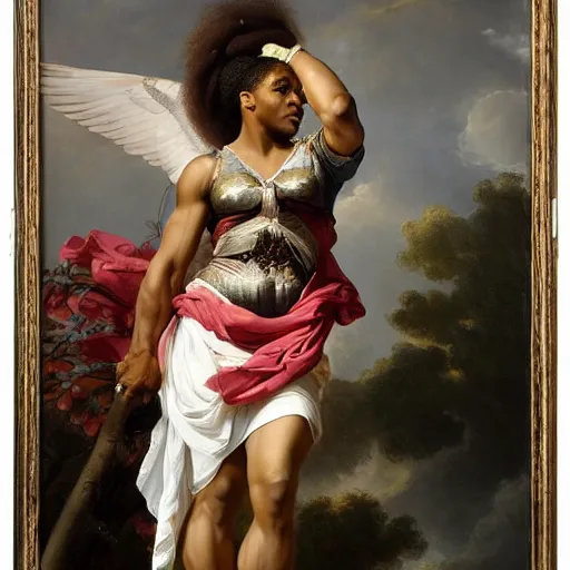 Prompt: Portrait of Serena Williams with wings as Nike Goddess standing proud, large wings, luxuriant, dreamy, eternity, romantic, strong pose, highly detailed, in the style of Franz Xaver Winterhalter, highly detailed, in the style of Aetherpunk