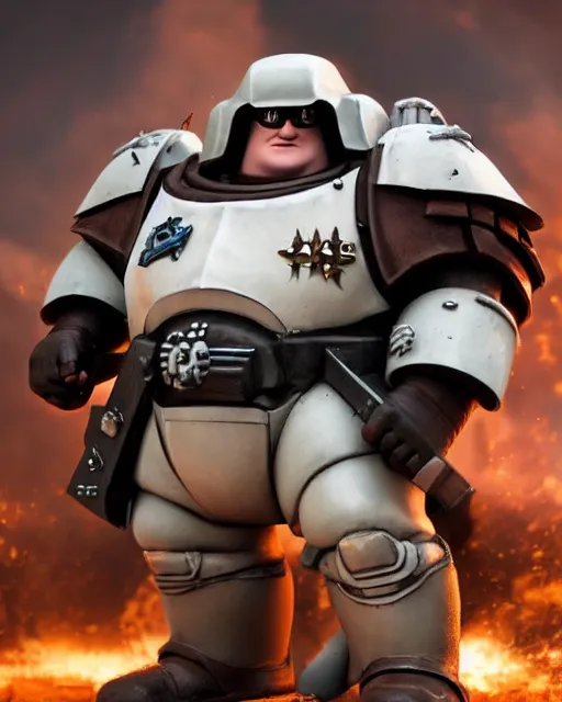 Image similar to peter griffin wearing warhammer space marine armor dynamic pose menacing cinematic shot atmospheric greebled high detail 4 k