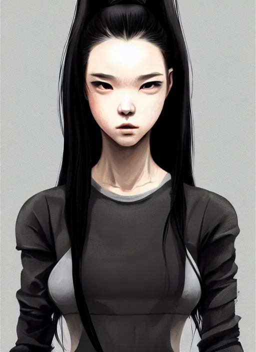 Image similar to full body portrait of long black hair girl within a techwear. cynical face, concept art, character illustrations, intricate, highly detailed 8 k, smooth, sharp focus, beautiful and aesthetic shape of face and body, artgerm, artstation, art by zexi guo and nira and junpei suzuki and gharliera and rinotuna