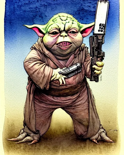 Image similar to a realistic and atmospheric watercolour fantasy character concept art portrait of a fat adorable dirty chibi yoda wearing a wife beater and holding a handgun, by rebecca guay, michael kaluta, charles vess and jean moebius giraud