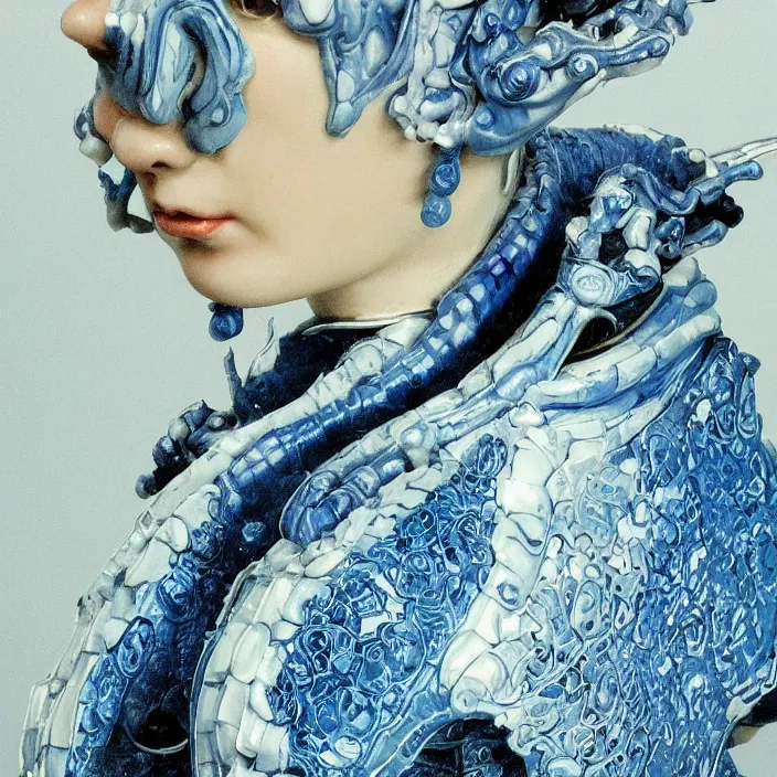 Image similar to a close - up portrait of an ornate blue and white porcelain figure made out of white vitrified translucent ceramic ; china. reflective detailed textures. gloomy black background. highly detailed fantasy science fiction painting by moebius, norman rockwell, frank frazetta, and syd mead. rich colors, high contrast. artstation