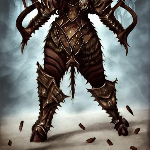 Image similar to fantasy concept art, armored female Minotaur, brown fur with white spots