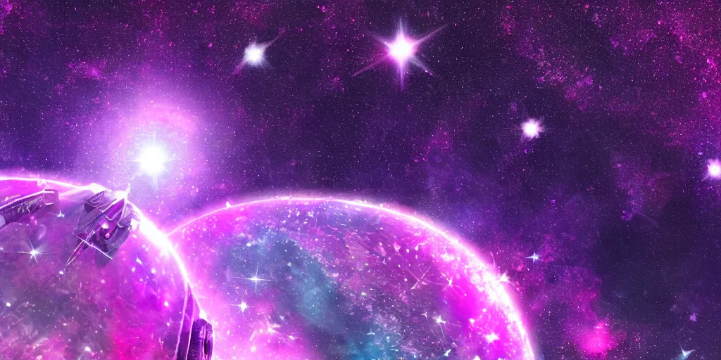 Prompt: magenta crystal planet with falling spaceship above, 🌌, sparkling stars, kaleidoscopic, 8k,  high detail, wide shot