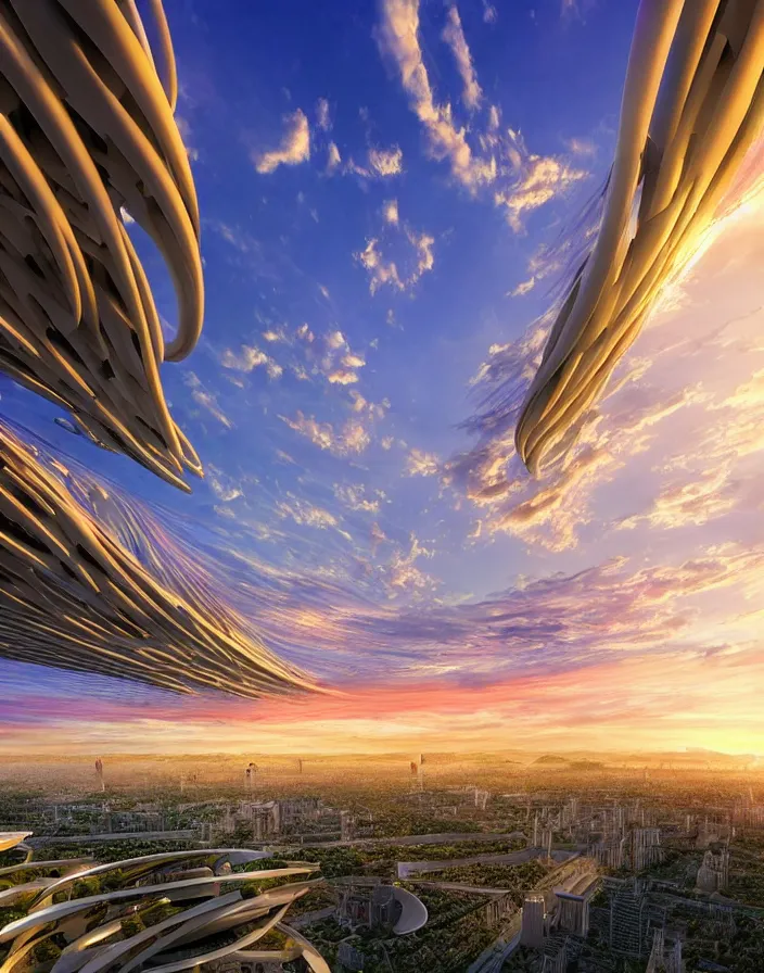 Image similar to vincent callebaut architectures, hyper realistic stunning volumetric lighting sunset