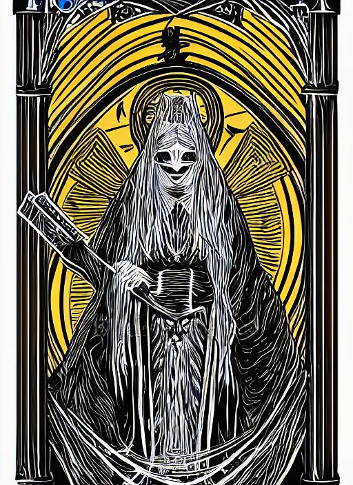 Prompt: digital art illustration of a character wearing a black robe, tarot card art, 4 k, symmetrical portrait