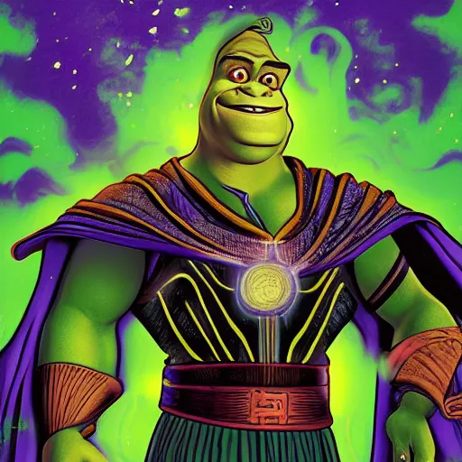 Prompt: Digital painting of Shrek as Doctor Strange