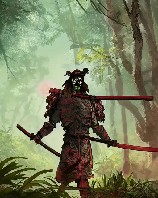 Prompt: An illustration of a zombie samurai, in a jungle environment, macro, digital painting, art by Nicola Saviori and Studio Ghibli, artstation, octane render, studio ghibli color scheme