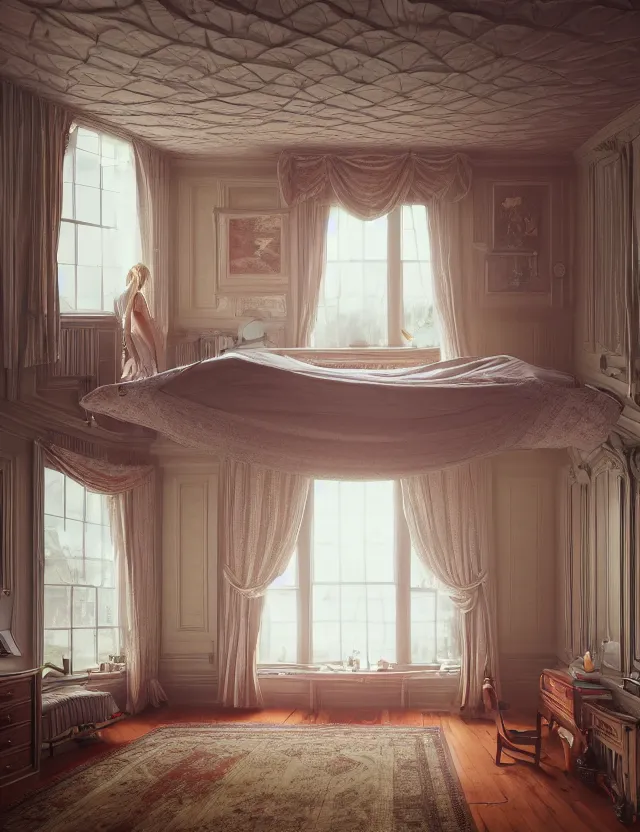 Image similar to an ultra wide angle photo of a bed hovering above the floor in the middle of a giant victorian bedroom with windows opening to other worlds by casey weldon and lee madgewick, photorealistic, octane render, recursive, flowing, cascading, multiverse, labyrinthine