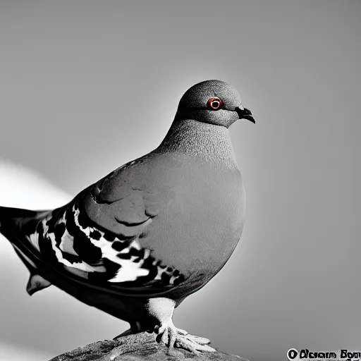 Prompt: a pigeon wearing a costume, photography BW