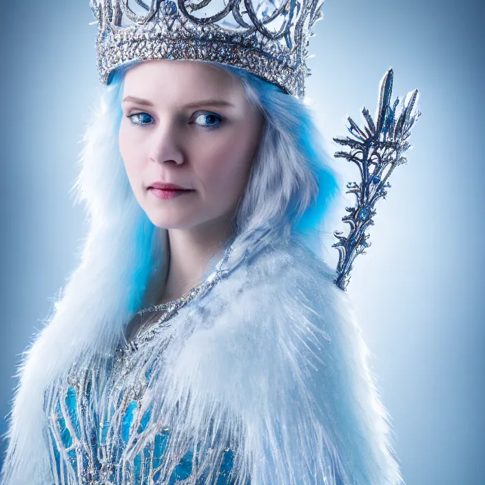 Prompt: professional photograph of a beautiful ice queen with intricate crown and cloak. Extremely detailed. 8k
