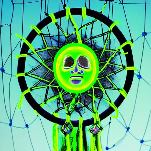 Prompt: poster of futuriste robot with the word ROBOT REVOLUTION , robotic dreamcatcher made of hi-tech trash. neon green and yellow colors, sci-fi fantasy, wide angle, full body shot, high detail