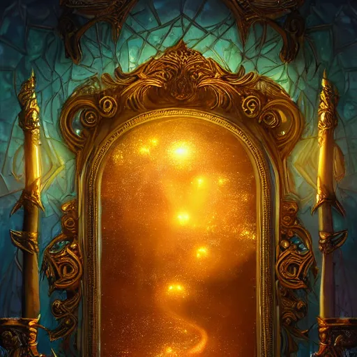 Image similar to a spell binding mirror, glowing magical symbols surrounding the mirror, epic mystical background by Keith Thompson and Christopher Bretz, highly detailed, digital painting, HDRI, vivid colors, high contrast, 8k resolution, intricate, photorealistic, smooth