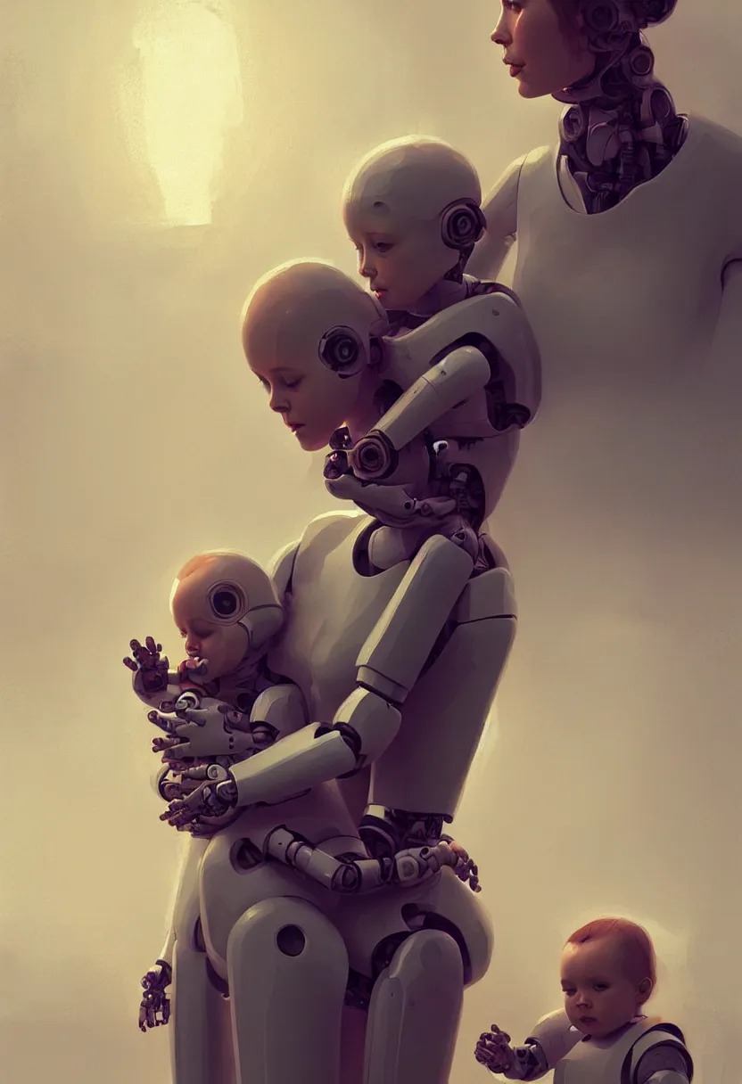 Image similar to female robot, holding young baby, dystopian, future, digital painting, concept art, golden ratio, rule of thirds, by wlop and stalenhag