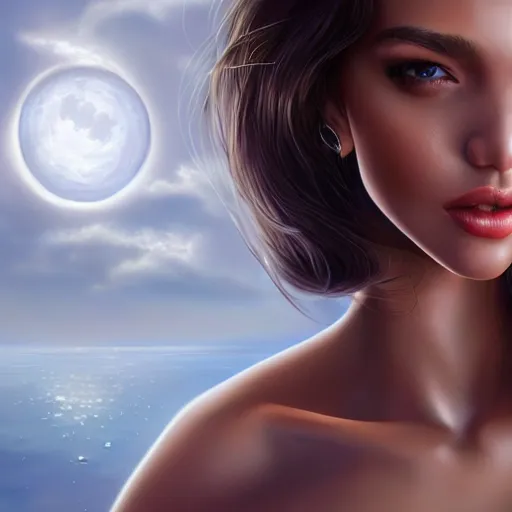 Image similar to a gorgeous female, photo, professionally retouched, soft moonlight lighting, shiny plastic bikini, realistic, smooth face, goddess, luscious lips, perfect eyes, wide angle, sharp focus on eyes, 8 k high definition, insanely detailed, intricate, elegant, art by artgerm and wlop