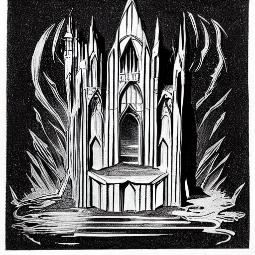 Prompt: Concept art for isometric cathedral, black ink on vellum paper, in the style of Charles Robert Cockerell