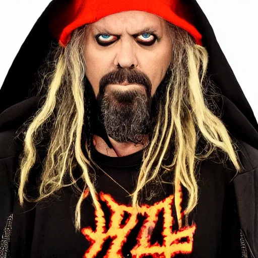 Image similar to rob zombie wearing a dark hooded cloak