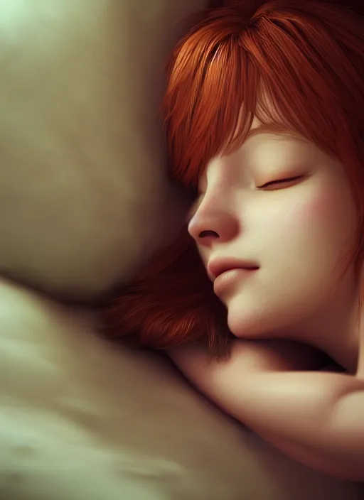 Image similar to sleeping portrait of wendy's mascot wendy thomas, hyper detailed, digital art, trending in artstation, cinematic lighting, studio quality, smooth render, unreal engine 5 rendered, octane rendered, art style by klimt and nixeu and ian sprigger and wlop and krenz cushart.